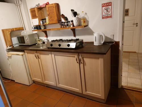 a kitchen with a stove and a counter top at Duangs Sleep'n go in Faxe