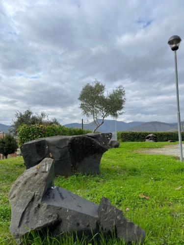 a stone bench sitting in a field of grass at Villa Felici in Giuliano di Roma