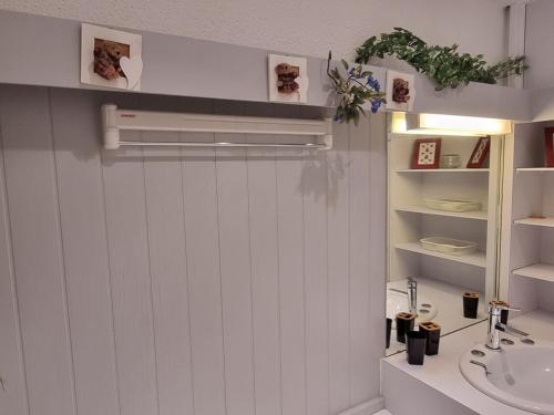 La salle de bains est pourvue d'un lavabo, de toilettes et d'une étagère. dans l'établissement Studio lumineux cabine ski-in/ski-out, 3/4 pers, vue pistes - FR-1-181-2595, à Aime La Plagne