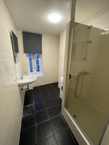 een badkamer met een douche, een wastafel en een toilet bij Room With Two Beds in Centrum in Heerlen