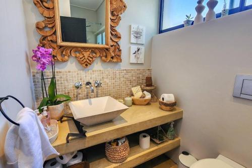 uma casa de banho com um lavatório e um espelho em House of Anjel em Suider-Paarl
