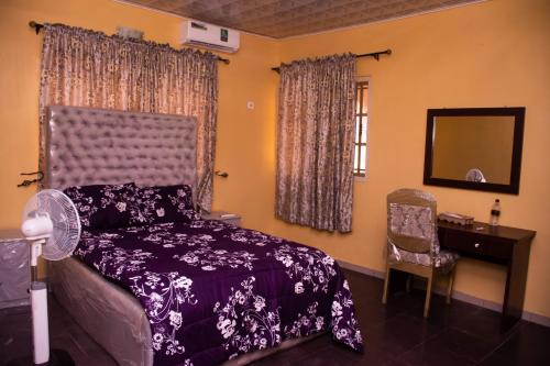 Schlafzimmer mit einem Bett, einem Schreibtisch und einem Spiegel in der Unterkunft Xproject Homes in Ibadan