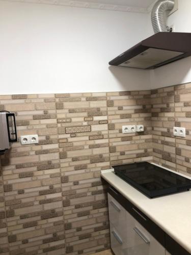 een keuken met een aanrecht en een bakstenen muur bij River House in Jaremtsje