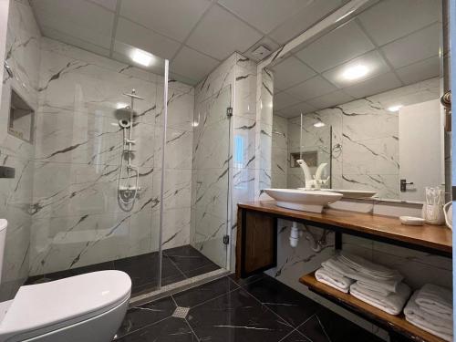 a bathroom with a shower and a toilet and a sink at LUXIN in Tbilisi City