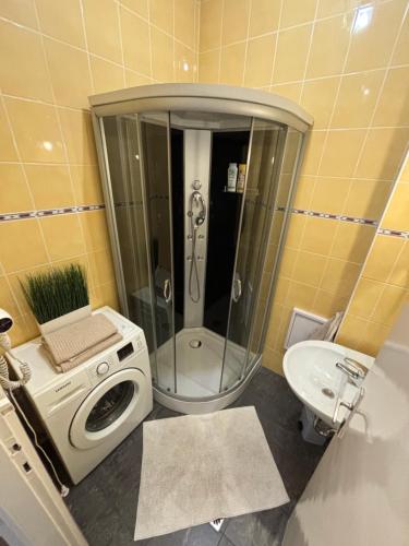 a bathroom with a shower and a washing machine at Cozy Panorama Apartment next to the Buda Castle in Budapest