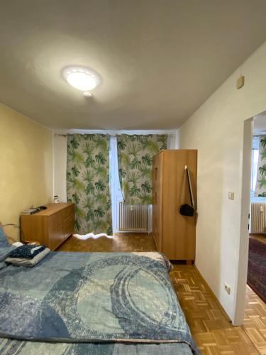 グムンデンにあるWohnung in Bahnhofsnähe mit Balkon - 35 m2の大きなベッドと窓のある寝室
