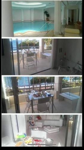 two pictures of a living room and a kitchen with a table at Croisette immo Palais d'Orsay Piscine Jacuzzi Vue mer Croisette 2 chambres 2 SDB in Cannes