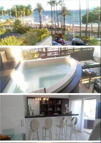 two pictures of a swimming pool and a resort at Croisette immo Palais d'Orsay Piscine Jacuzzi Vue mer Croisette 2 chambres 2 SDB in Cannes