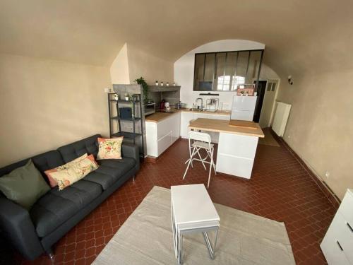 Il comprend un salon avec un canapé et une cuisine. dans l'établissement NEW Grand Studio Plein centre Clermont-Ferrand, à Clermont-Ferrand