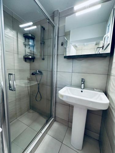a bathroom with a sink and a shower at Myconian Sunset Apartments in Tagou