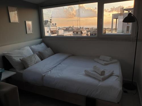 雅典的住宿－Skyline oasis rooftop，一张位于带大窗户的房间内的床铺