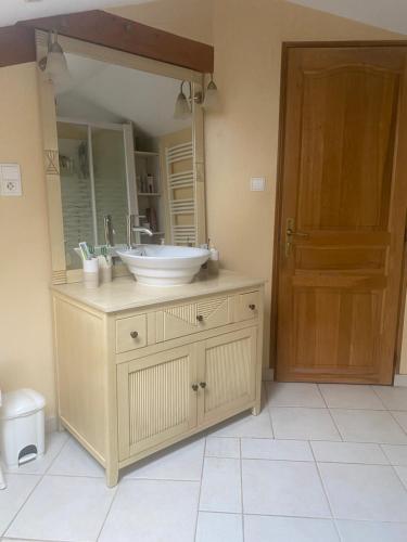 a bathroom with a sink and a mirror at Chez Eric et Sophie in Tigné