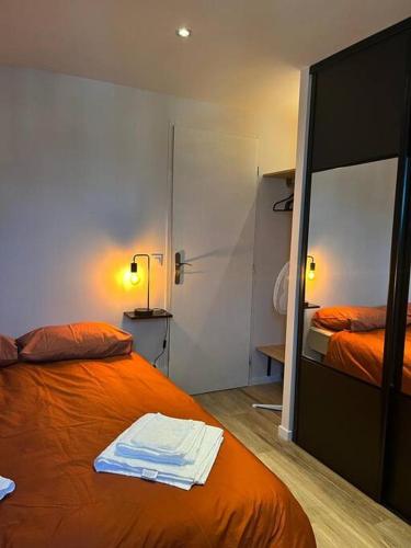 - une chambre avec un lit orange et un miroir dans l'établissement Appartement Croix-Rousse, à Lyon