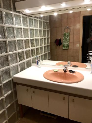 une salle de bain avec un lavabo et un miroir dans l'établissement Villa les Cigales a la Madrague, à Saint-Cyr-sur-Mer