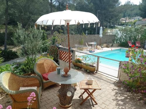 - une terrasse avec une table et un parasol à côté de la piscine dans l'établissement Villa les Cigales a la Madrague, à Saint-Cyr-sur-Mer