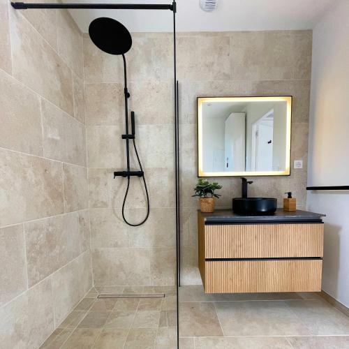 une douche dans une salle de bain avec un lavabo et un miroir dans l'établissement Baya Spa, aux Pennes-Mirabeau