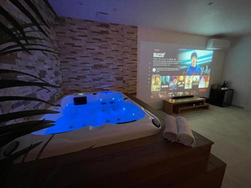 um quarto com uma cama, uma televisão e um sofá em Baya Spa em Les-Pennes-Mirabeau