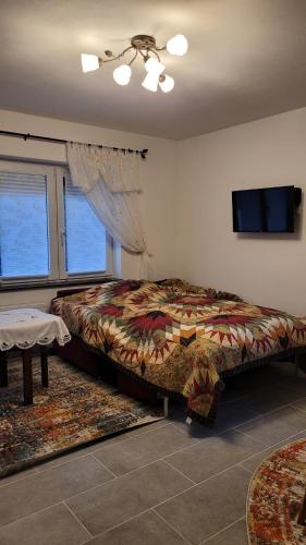 een slaapkamer met een bed in een kamer met ramen bij Zum Pfalzwanderer in Weisenheim am Berg