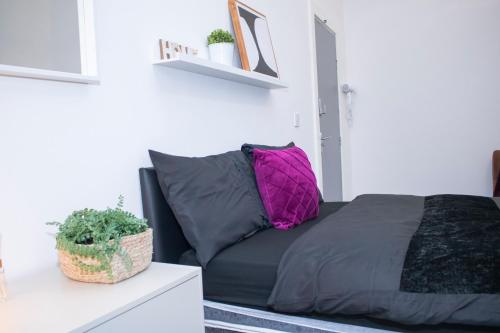 - un canapé noir dans une pièce avec une plante en pot dans l'établissement Central Blissful Haven, à Liverpool