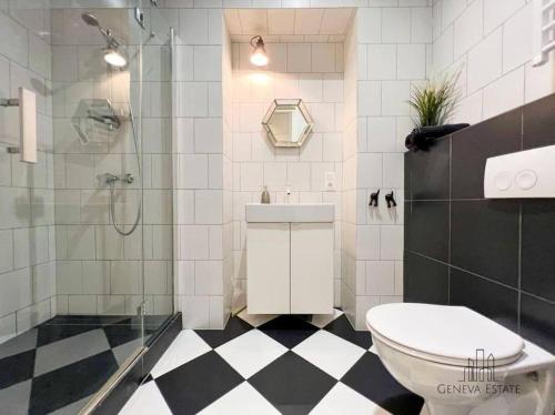Aesthetic apartment Krakow-Center في كراكوف: حمام مع مرحاض ودش ومغسلة