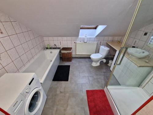 een badkamer met een toilet, een wastafel en een wasmachine bij Przestronny apartament +siłownia in Bytom