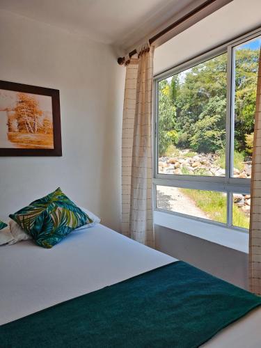 a bedroom with a bed and a large window at Hosteria La Medusa in Cocorná