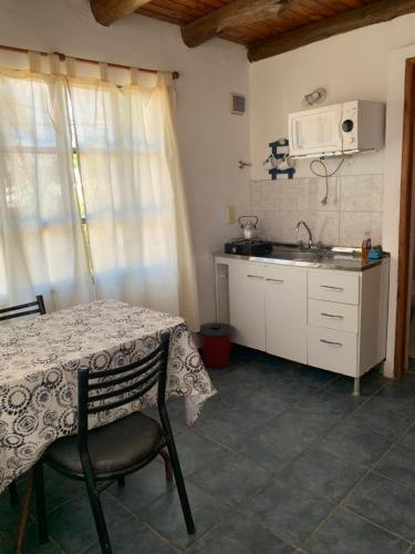 cocina con mesa, fregadero y microondas en Costa del Uruguay II, en Colón