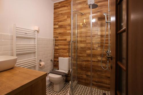 a bathroom with a toilet and a glass shower at Mill Central Apartment in Sibiu