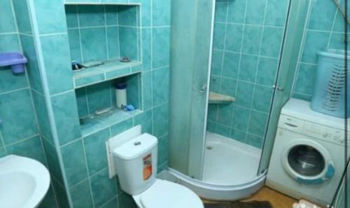 een badkamer met een toilet, een douche en een wasmachine bij VIP apart 352 in Tbilisi City