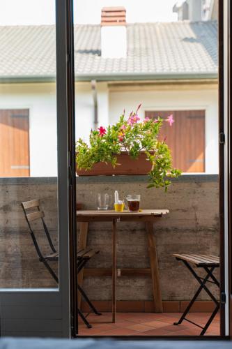 a table with a pot of flowers on a balcony at Bed and Bike Verona in Verona