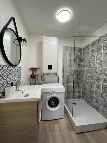 a bathroom with a washing machine and a shower at DAUDREGNIES 3 in Valenciennes