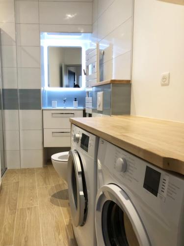 a bathroom with a washing machine and a toilet at Escalier 16 - 30 m plage du Sillon - Proche Intra in Saint Malo