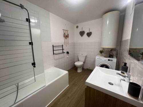 a bathroom with a tub and a sink and a toilet at Appartement Centre-ville / 6 prsn / Bord du doubs / Au pied de la citadelle in Besançon