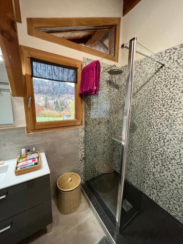 baño con ducha con mampara de cristal en Chalet Mathilde - Morzine, en Montriond