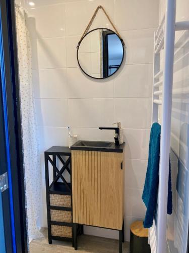 une salle de bain avec un lavabo et un miroir dans l'établissement Magnifique appartement 2/4 pers - Le Saint Leo, à Saint-Léonard-des-Bois