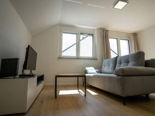 a living room with a couch and a tv at Ferienwohnung Weissach in Weissach