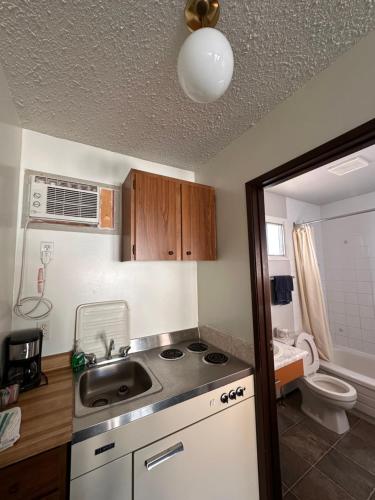 a small kitchen with a sink and a toilet at Howard Johnson by Wyndham Edson in Edson