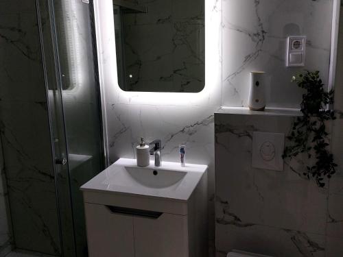 a white bathroom with a sink and a mirror at Apartman-Stan in Bugojno