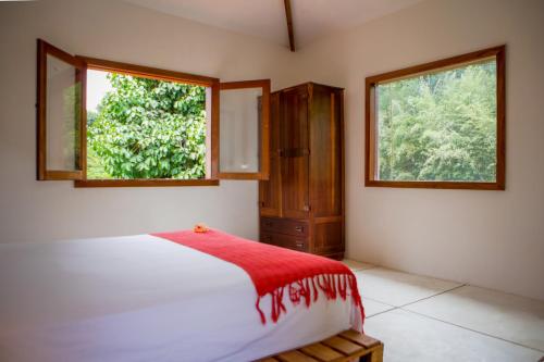 a bedroom with a bed and two windows at Guest House Fazenda do Francês & Culinária Francesa in Cachoeiras de Macacu