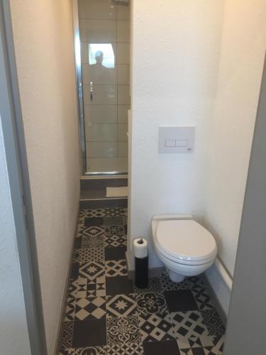 une petite salle de bain avec toilettes et douche dans l'établissement Studio étage 3, proche Techn'hom, IUT et UTBM, à Belfort