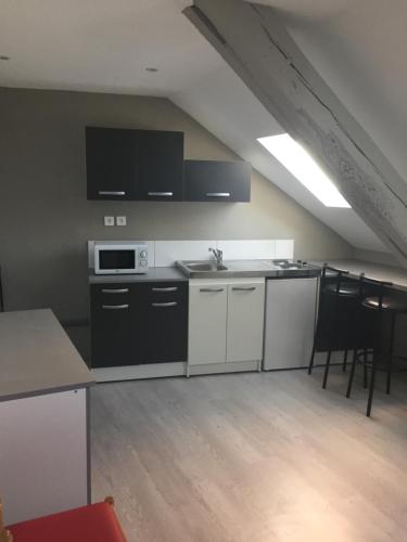 una cocina con electrodomésticos en blanco y negro en un ático en Studio étage 3, proche Techn'hom, IUT et UTBM en Belfort
