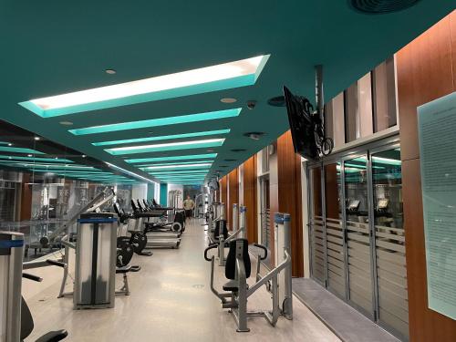 a gym with a row of treadmills and machines at studio unit whit pool and gym in Istanbul