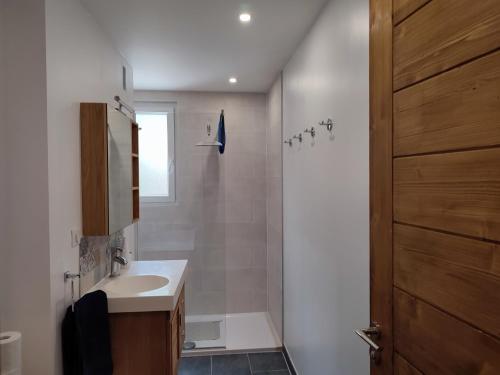 uma casa de banho com um chuveiro, um lavatório e um WC. em Apartment Le Panoramic em Chamonix-Mont-Blanc