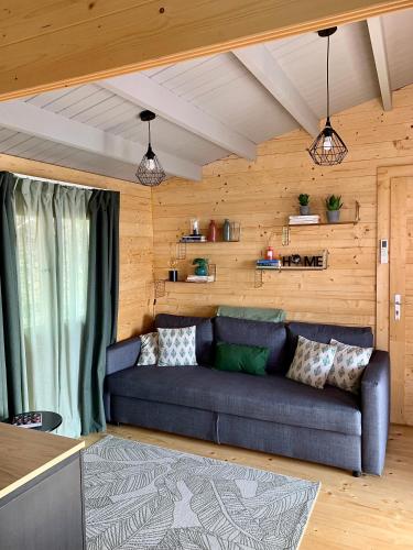 a blue couch in a room with wooden walls at PicoTerrace View in Madalena