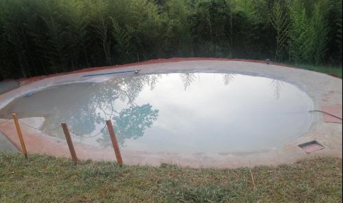 une petite piscine d'eau au milieu d'un champ dans l'établissement Glamping Bambulina, à Cali