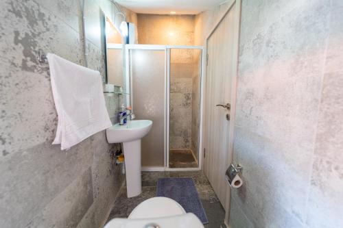 een badkamer met een douche, een toilet en een wastafel bij Stunning Suite in Ölüdeniz with Seaview And Pool in Oludeniz