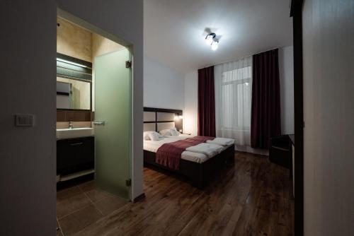 - une chambre avec un lit, un lavabo et un miroir dans l'établissement Quantum House, à Vatra Dornei