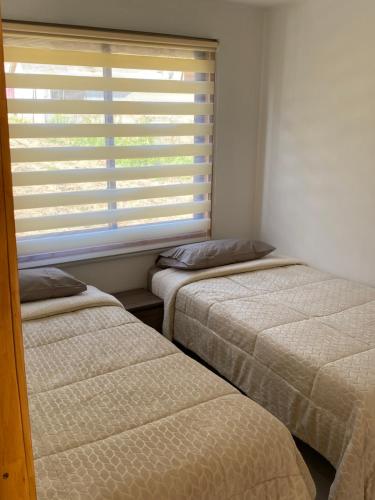 2 Einzelbetten in einem Zimmer mit Fenster in der Unterkunft Cabañas del Valle Pudá in Dichato