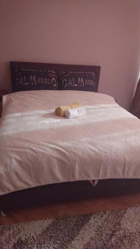 a bed with a stuffed animal on top of it at Apartman Jellena in Pale
