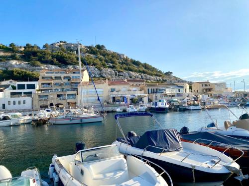 un grupo de barcos están atracados en un puerto en L'Annexe de la Madrague Marseille, en Marsella